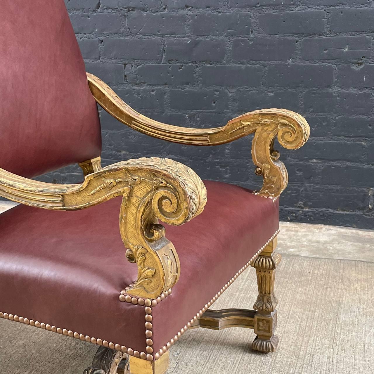 Antique French Louis XVI Gold-Leaf Gilded Carved Wood & Cognac Leather Armchair For Sale 2