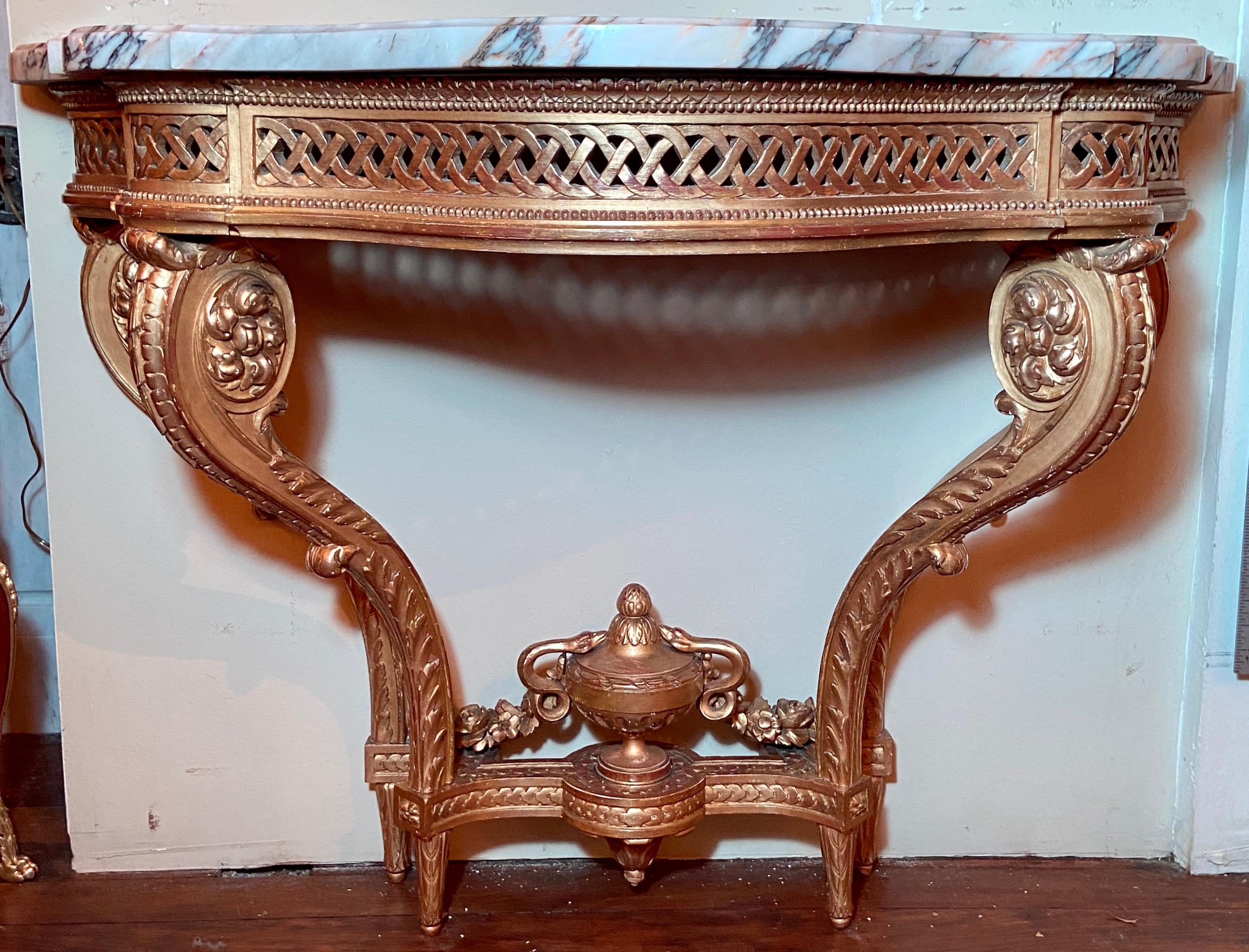 Antique French Louis XVI Carved Wood with Gold Leaf and Marble Top Console Table, Circa 1870.