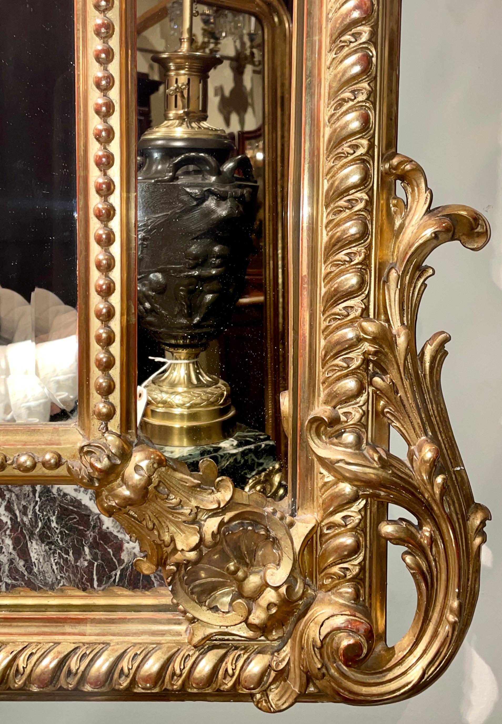 19th Century Antique French Louis XVI Gold Leaf Paneled Mirror, Circa 1890 For Sale