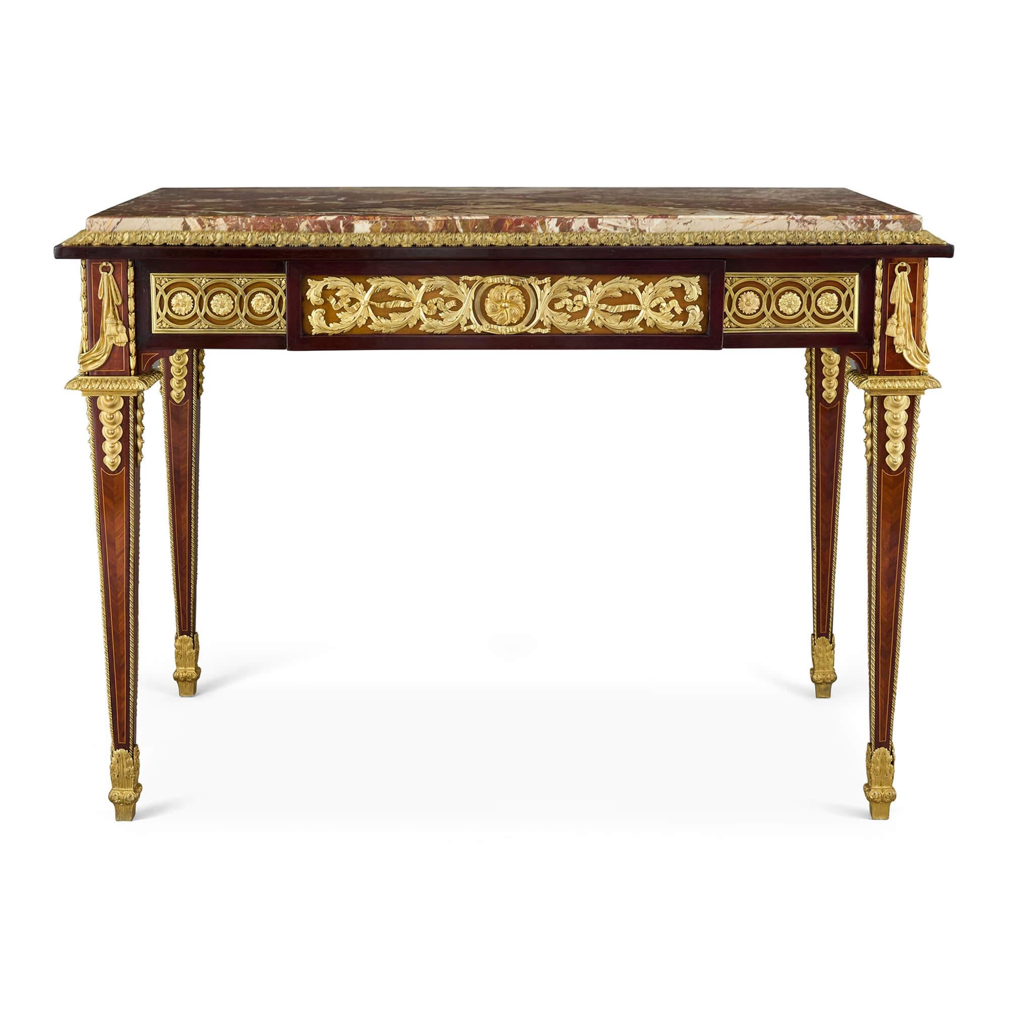 Français Antique French Louis XVI Ormolu Marble Wood Centre Table en vente
