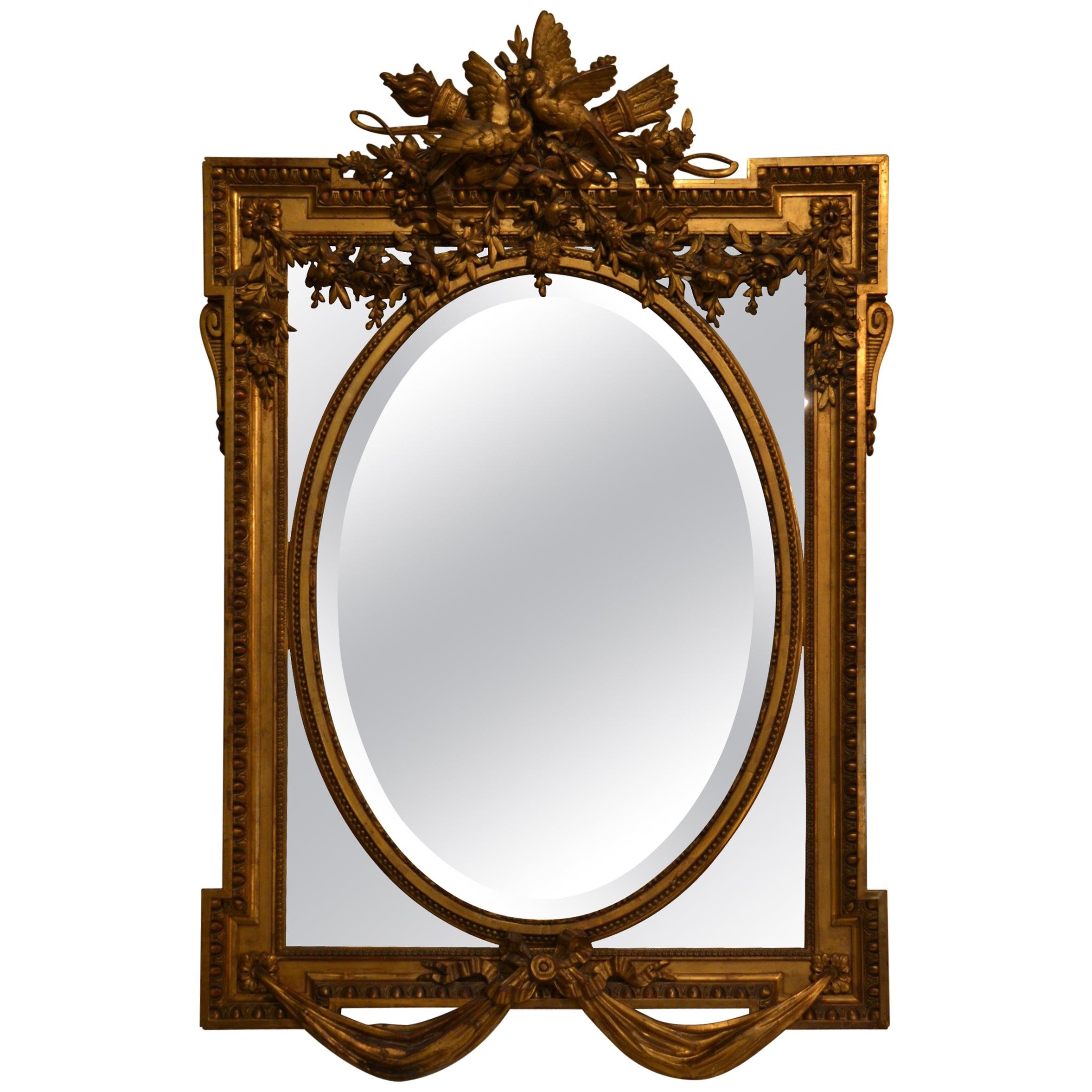 19th Century Antique French Louis XVI Gold Paneled Wood Mirror with Deep Beveling, circa 1860 For Sale