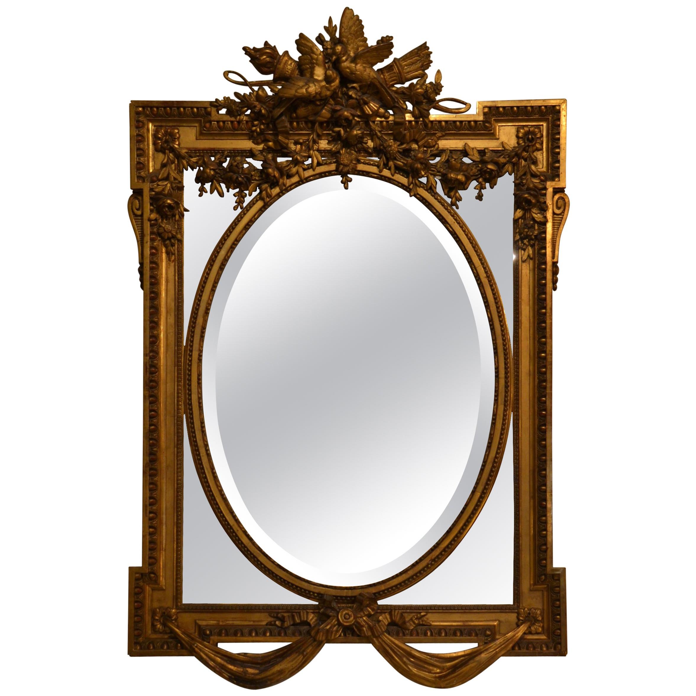 Antique French Louis XVI Gold Paneled Wood Mirror with Deep Beveling, circa 1860 For Sale