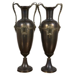 French Louis XVI Hammered Brass Rams Head Mantel Vases Trophy Urns 20"