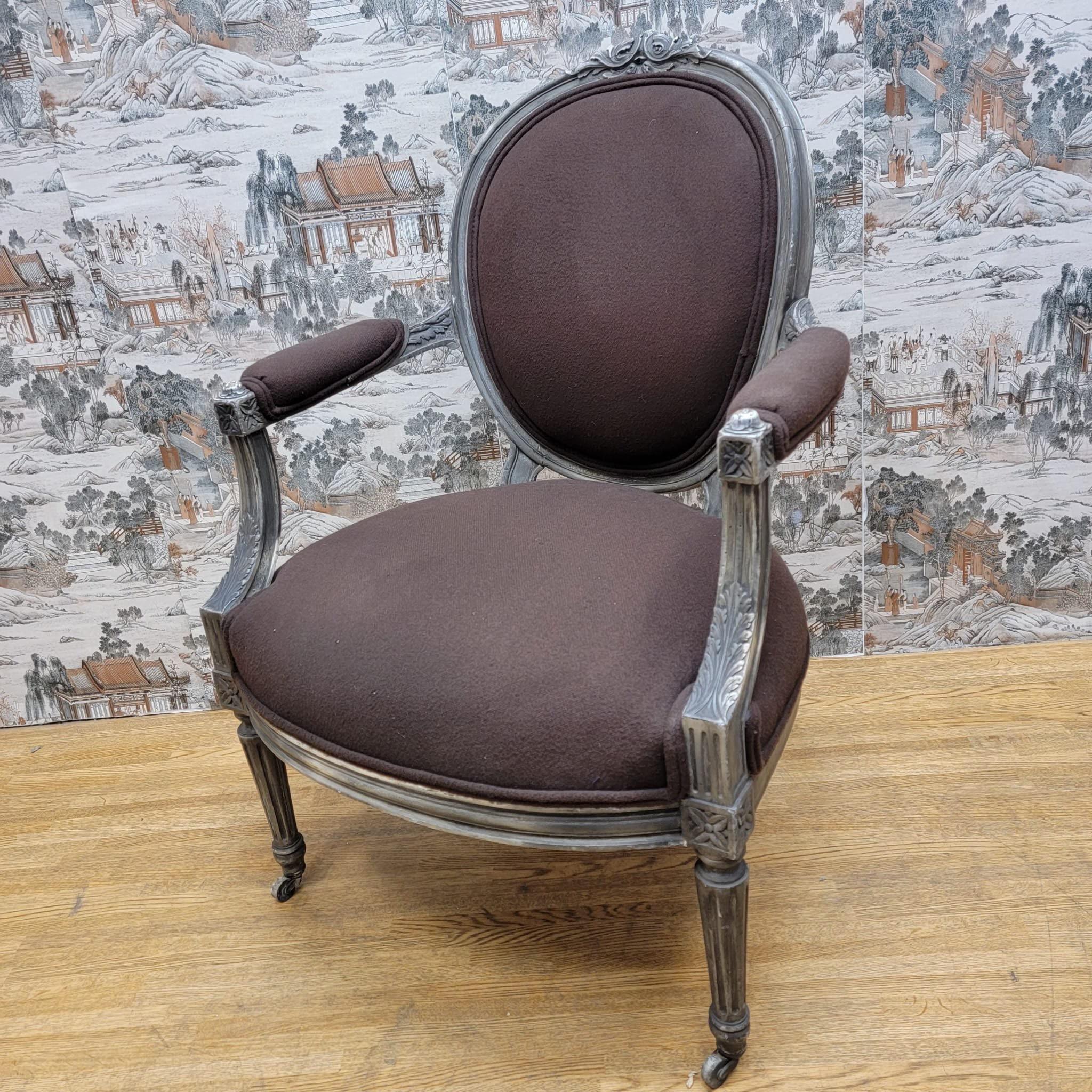 Antique French Louis XVI Hand Carved Silver Gilt Framed Fauteuil Armchairs-Pair For Sale 5