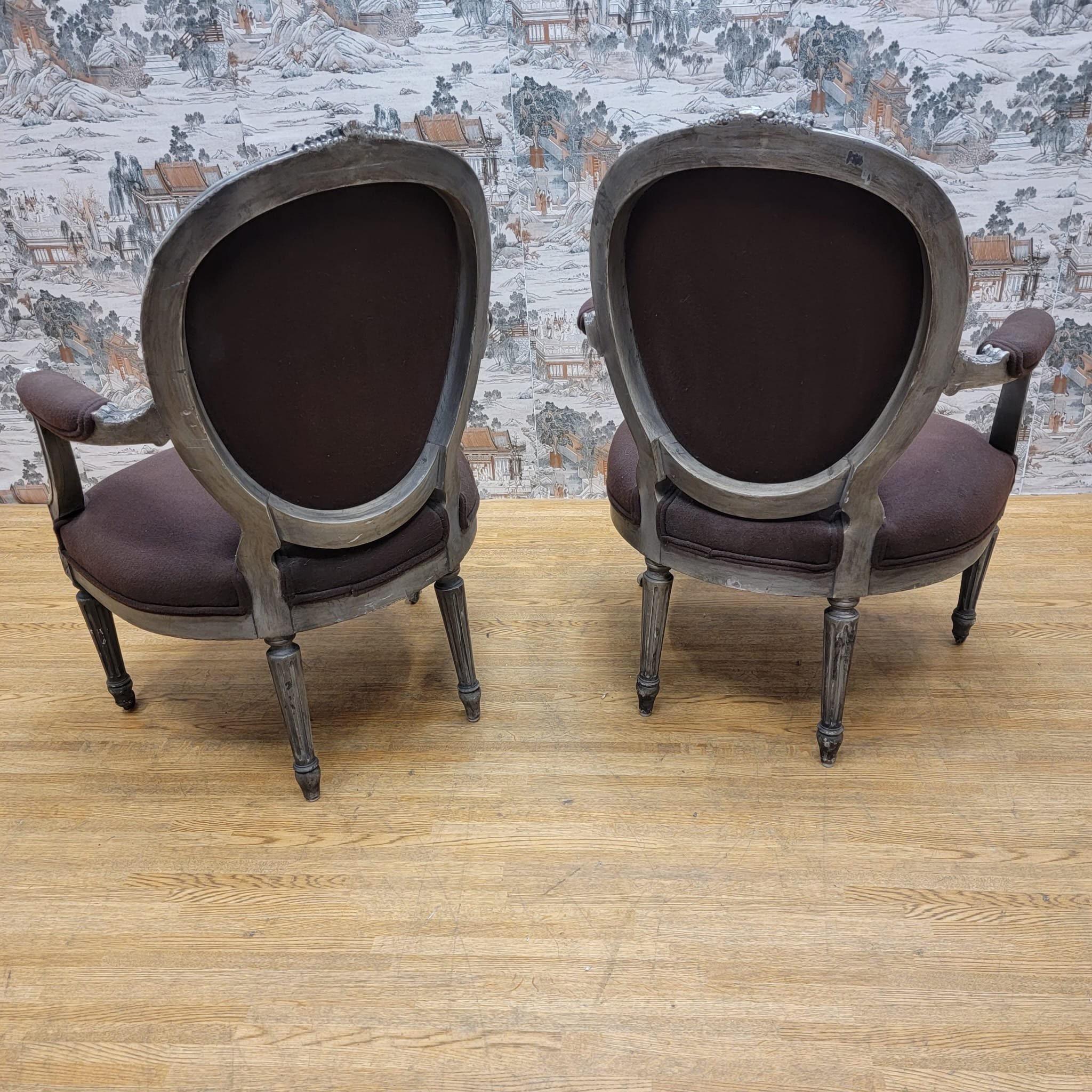 Antique French Louis XVI Hand Carved Silver Gilt Framed Fauteuil Armchairs-Pair In Good Condition For Sale In Chicago, IL