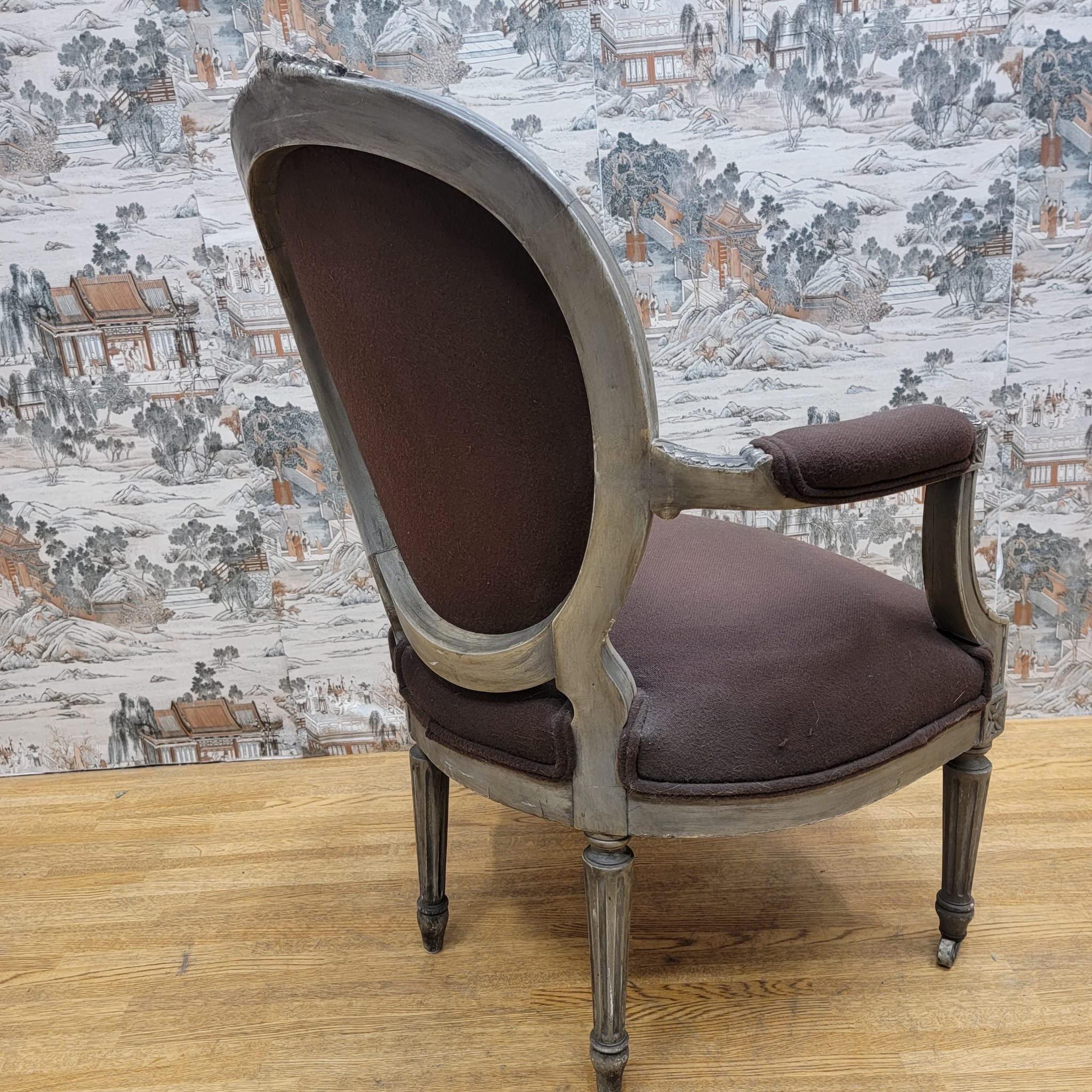 Early 20th Century Antique French Louis XVI Hand Carved Silver Gilt Framed Fauteuil Armchairs-Pair For Sale