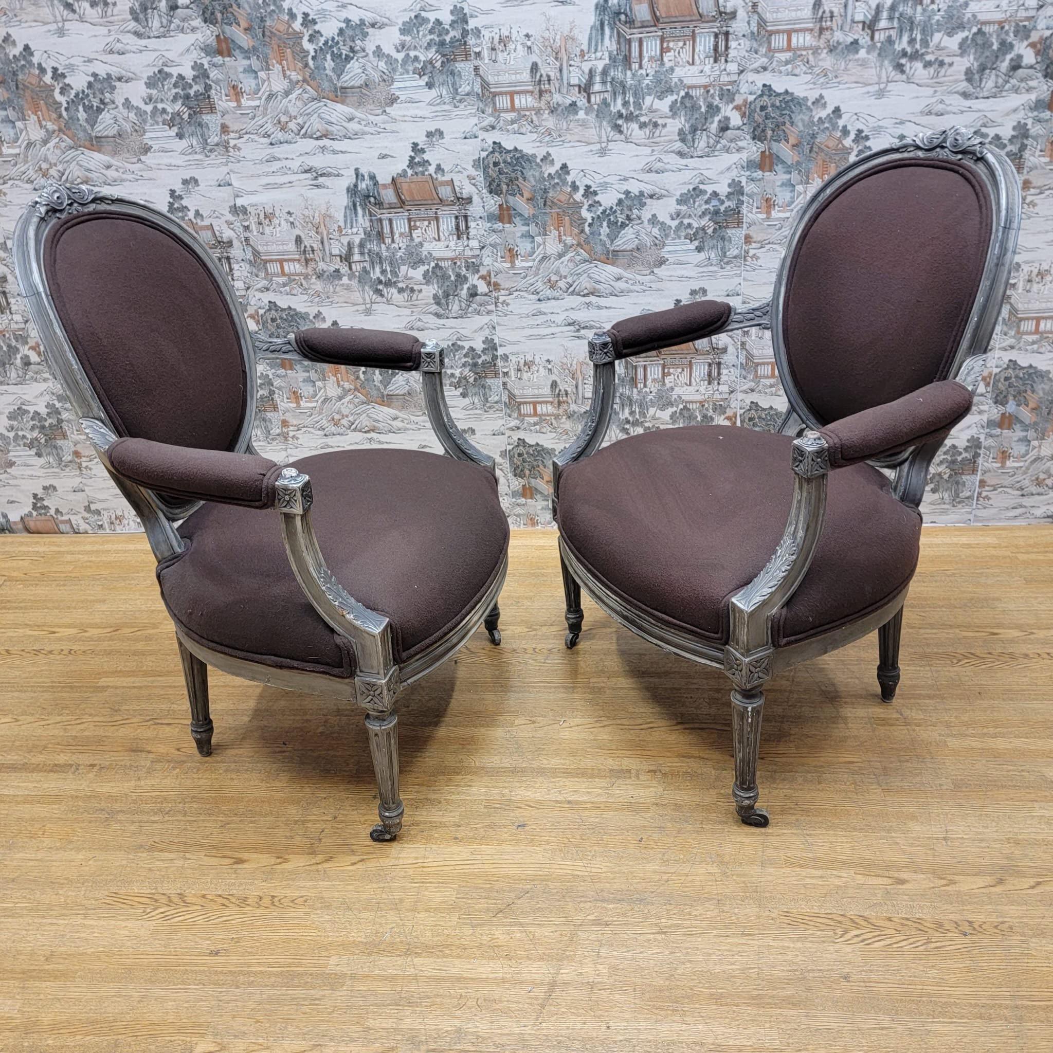 Fabric Antique French Louis XVI Hand Carved Silver Gilt Framed Fauteuil Armchairs-Pair For Sale