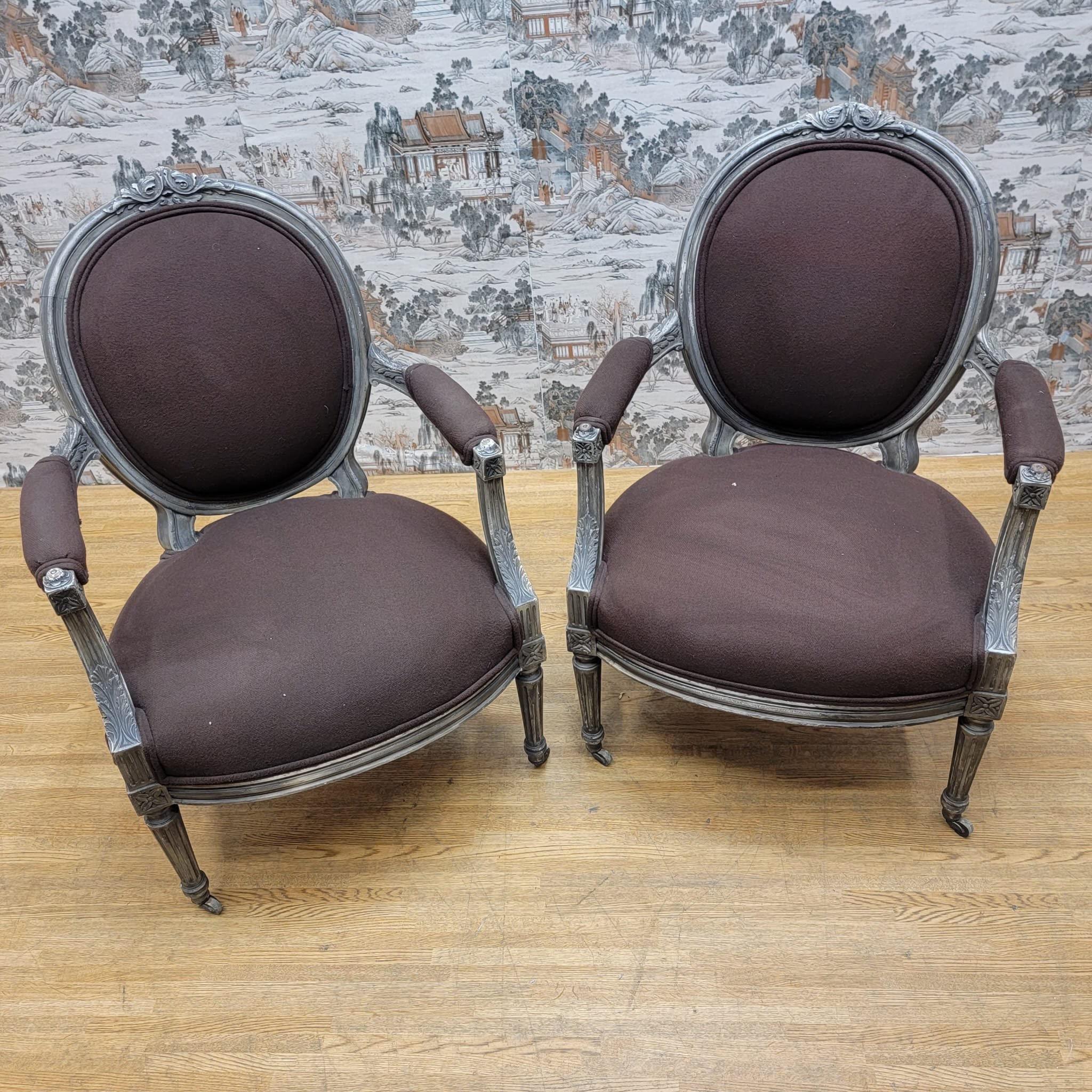 Antique French Louis XVI Hand Carved Silver Gilt Framed Fauteuil Armchairs-Pair For Sale 2
