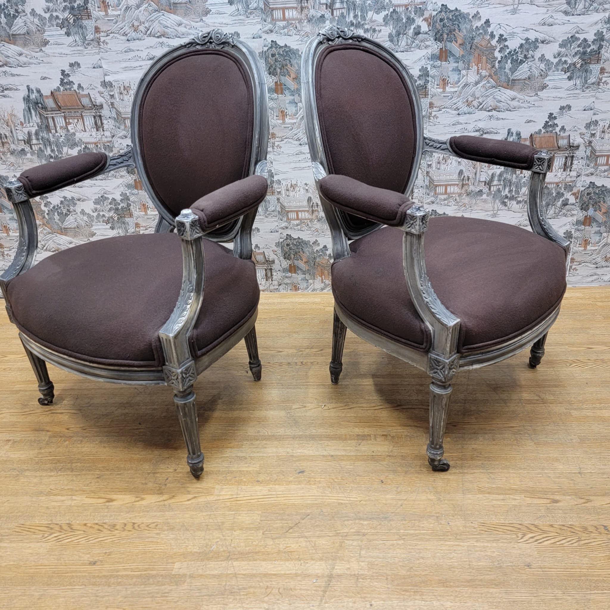 Antique French Louis XVI Hand Carved Silver Gilt Framed Fauteuil Armchairs-Pair For Sale 4