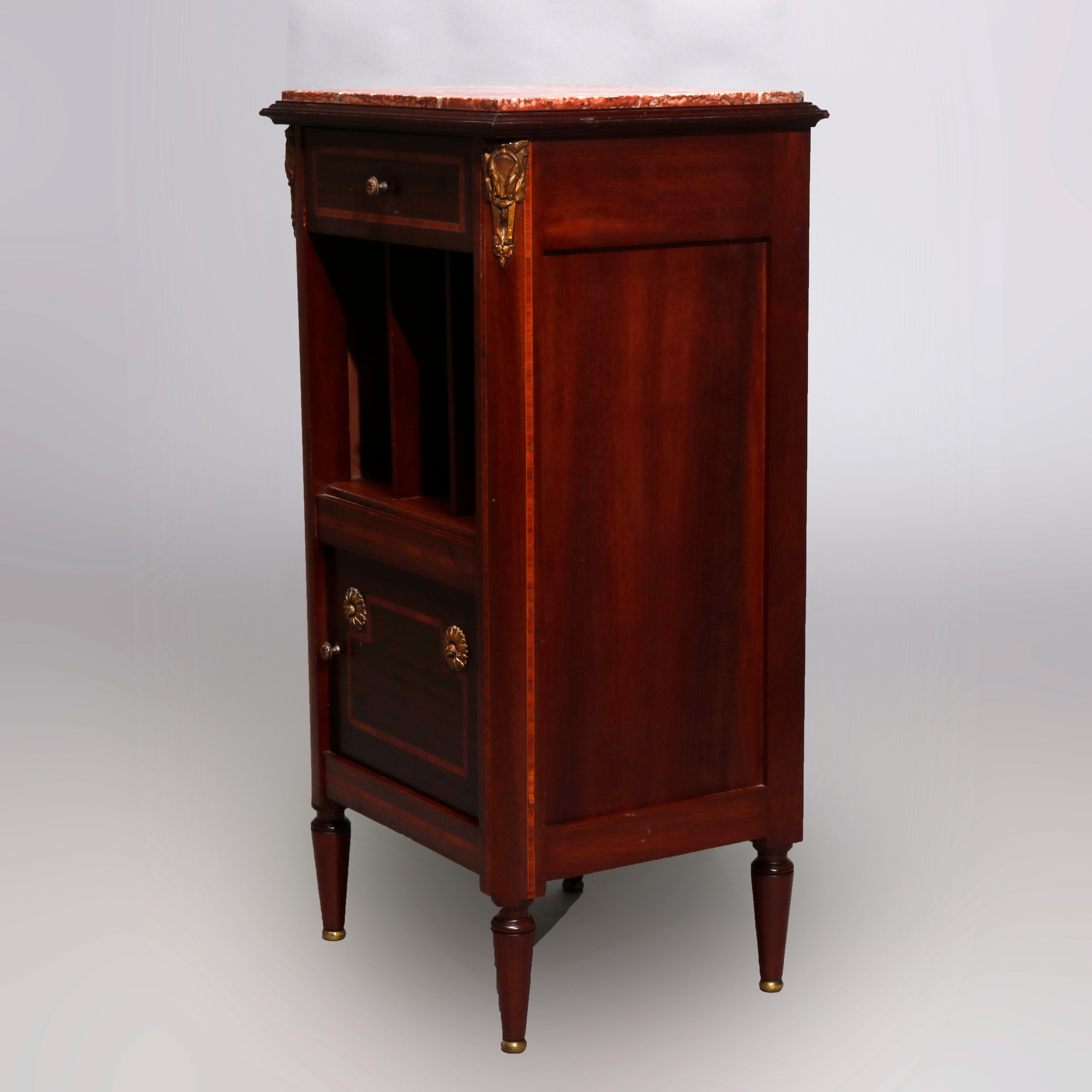 Antique French Louis XVI Inlaid Mahogany Marble-Top Side Stand, 20th Century In Good Condition In Big Flats, NY