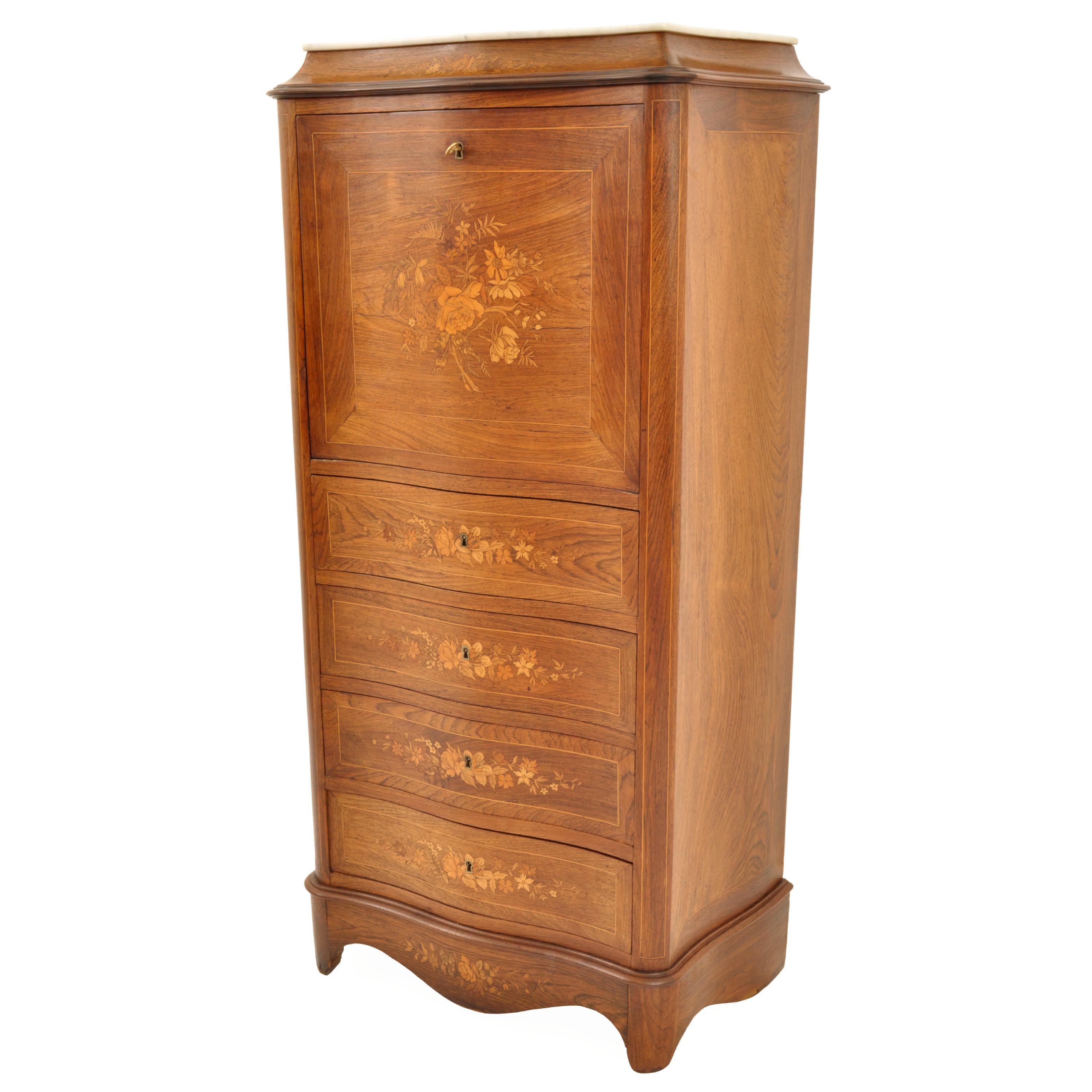 Français Ancienne commode de bureau secrétaire abattant française Louis XVI en bois de rose incrusté, 1880 en vente