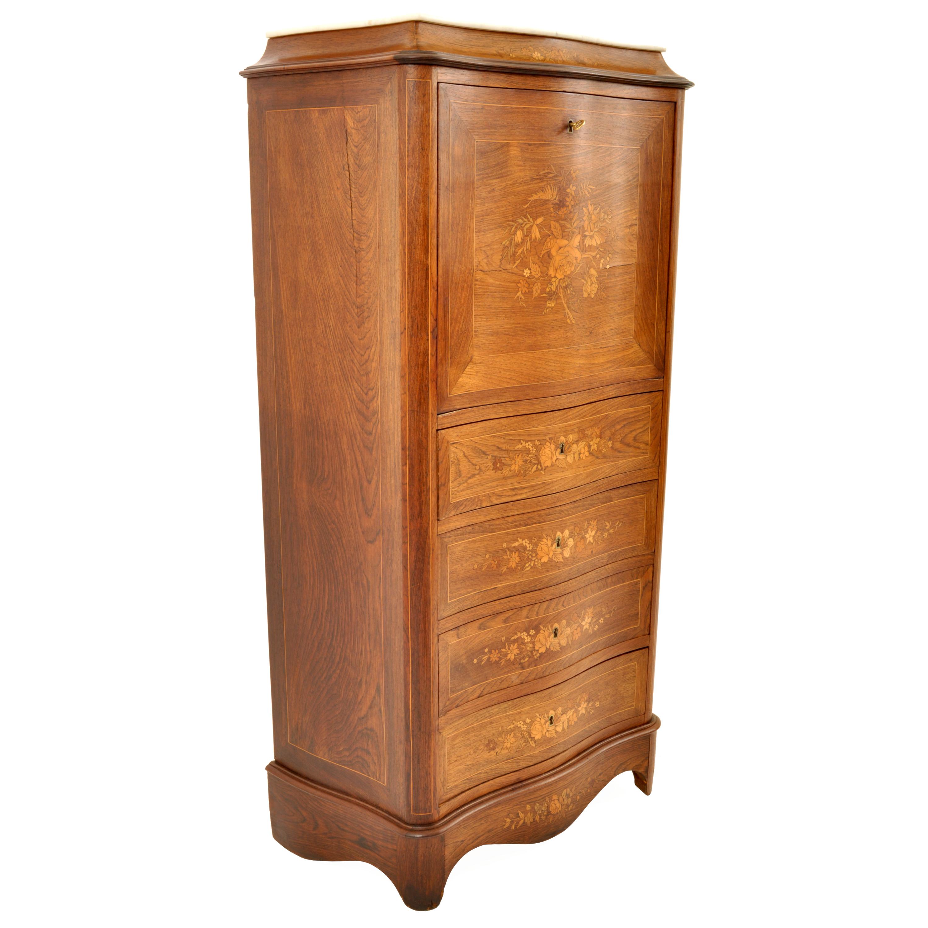 Antique French Louis XVI Inlaid Rosewood Secretaire Abattant Desk Dresser, 1880 In Good Condition For Sale In Portland, OR