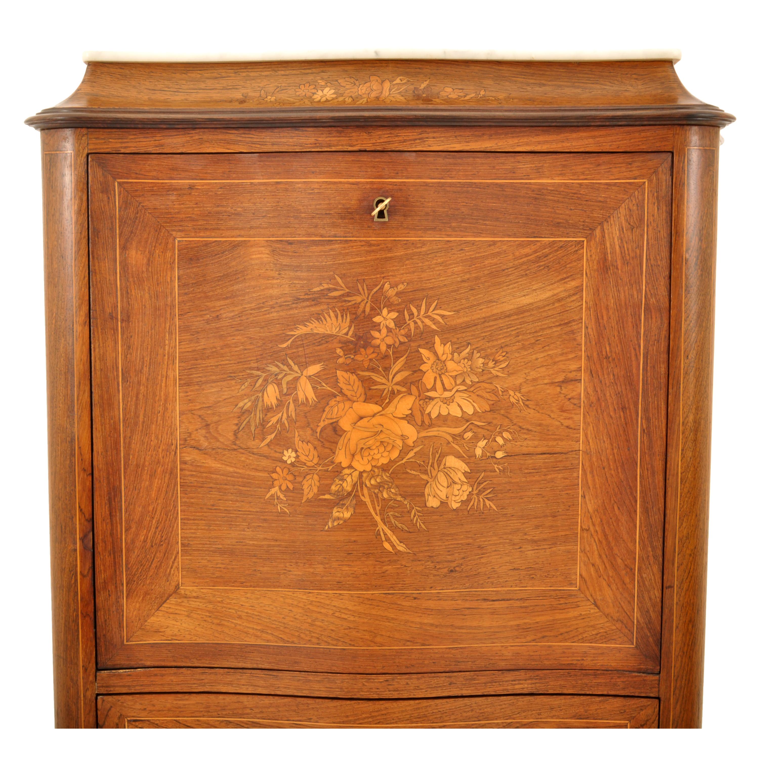 Ancienne commode de bureau secrétaire abattant française Louis XVI en bois de rose incrusté, 1880 Bon état - En vente à Portland, OR