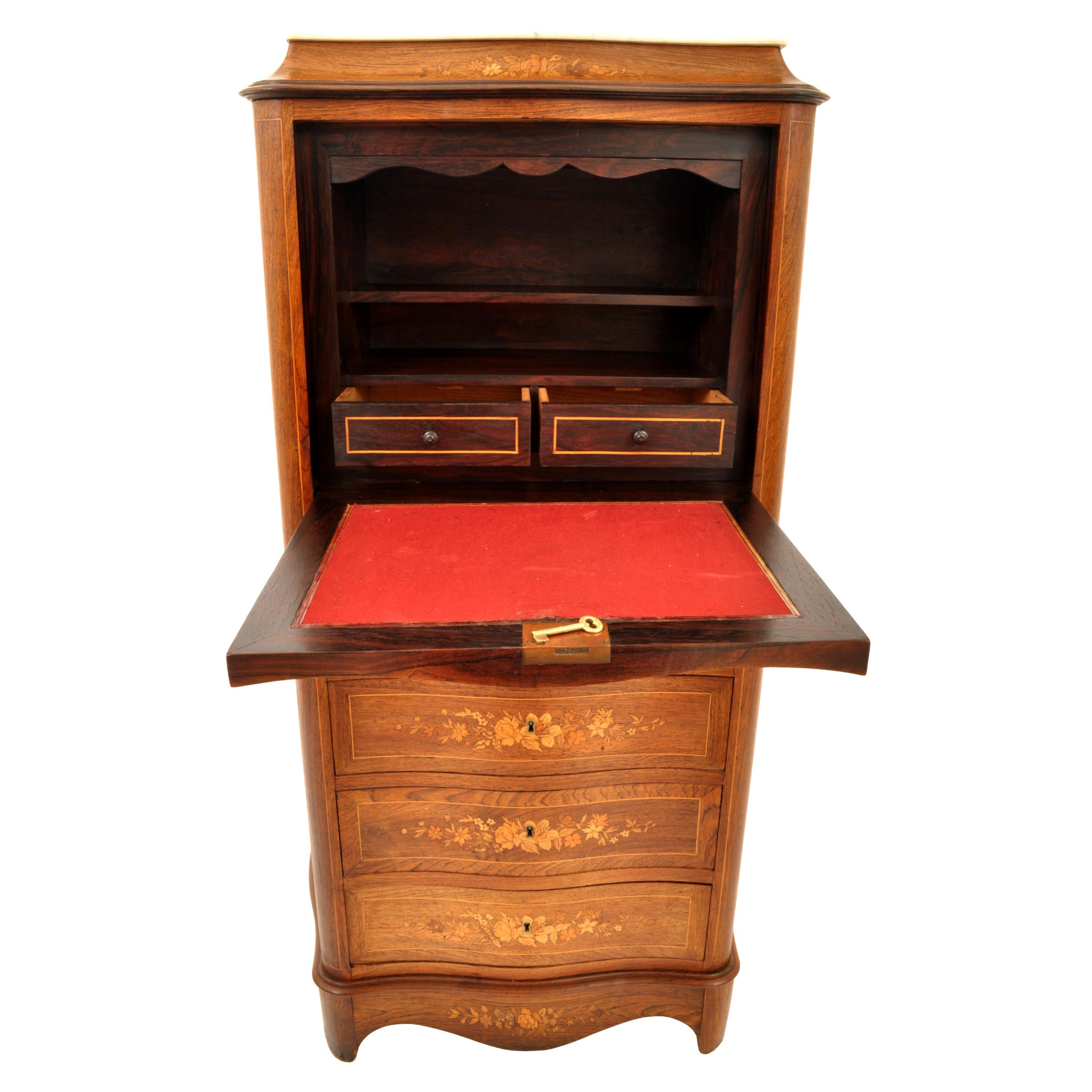 Antique French Louis XVI Inlaid Rosewood Secretaire Abattant Desk Dresser, 1880 For Sale 1