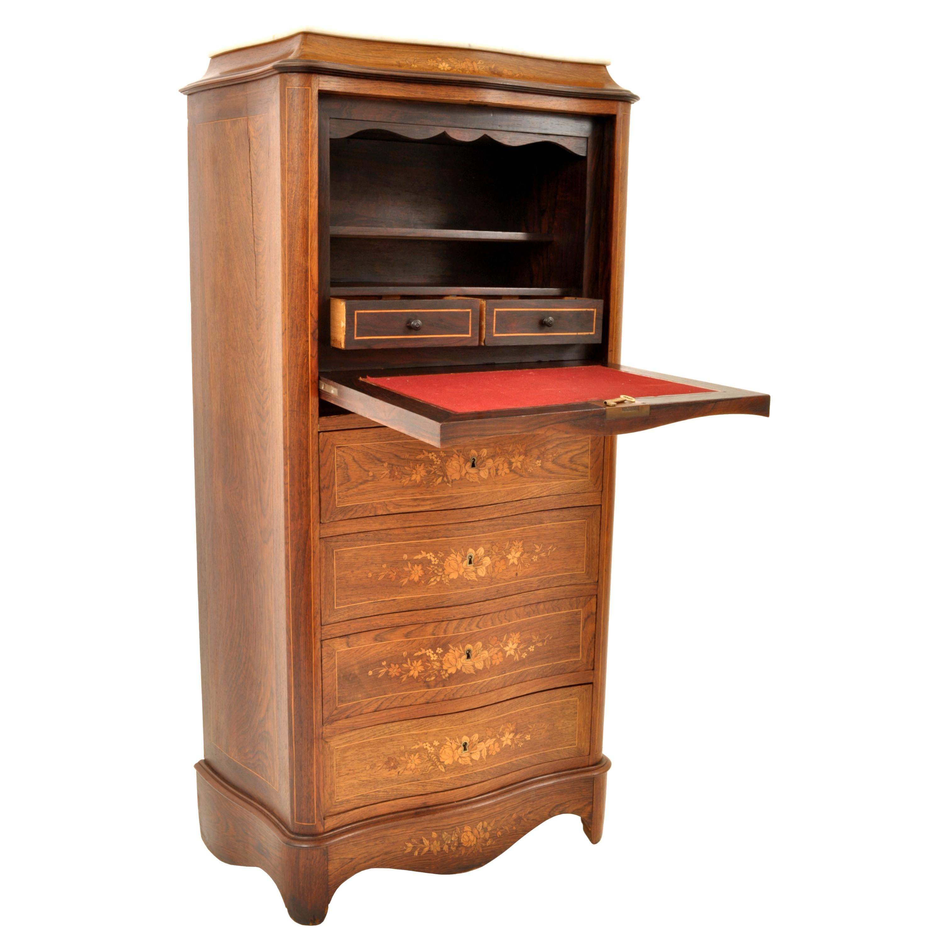 Antique French Louis XVI Inlaid Rosewood Secretaire Abattant Desk Dresser, 1880 For Sale 2