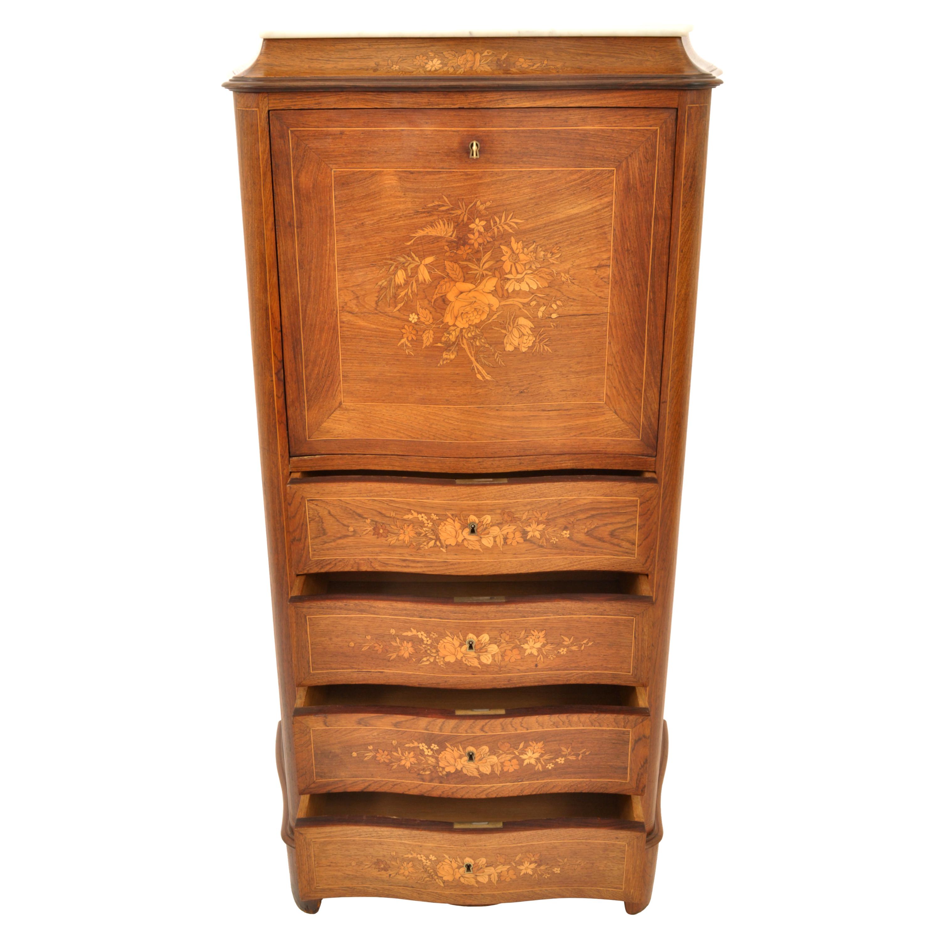 Ancienne commode de bureau secrétaire abattant française Louis XVI en bois de rose incrusté, 1880 en vente 2