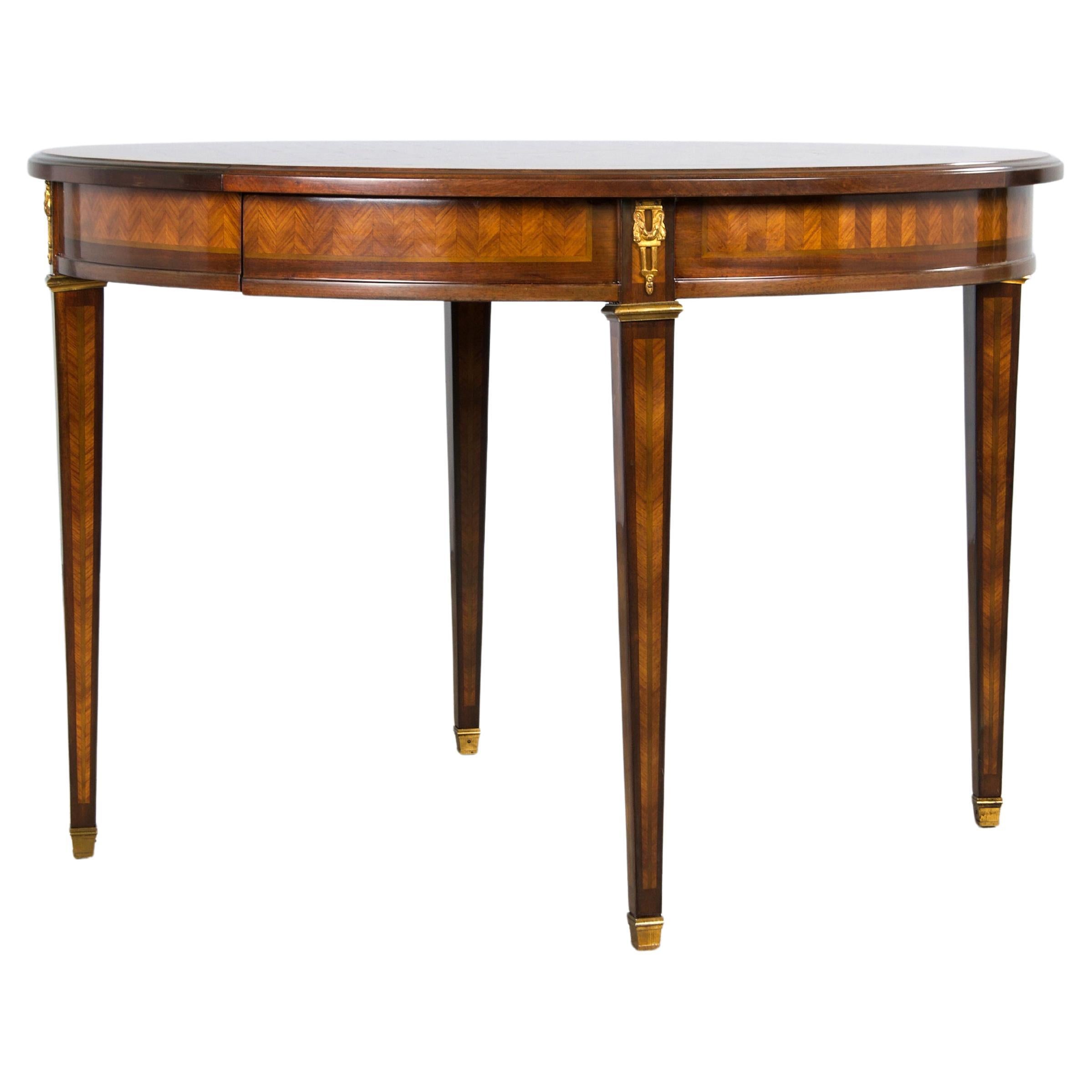 Antiker französischer Louis XVI Kingwood ausziehbarer runder Esstisch mit Intarsien im Angebot