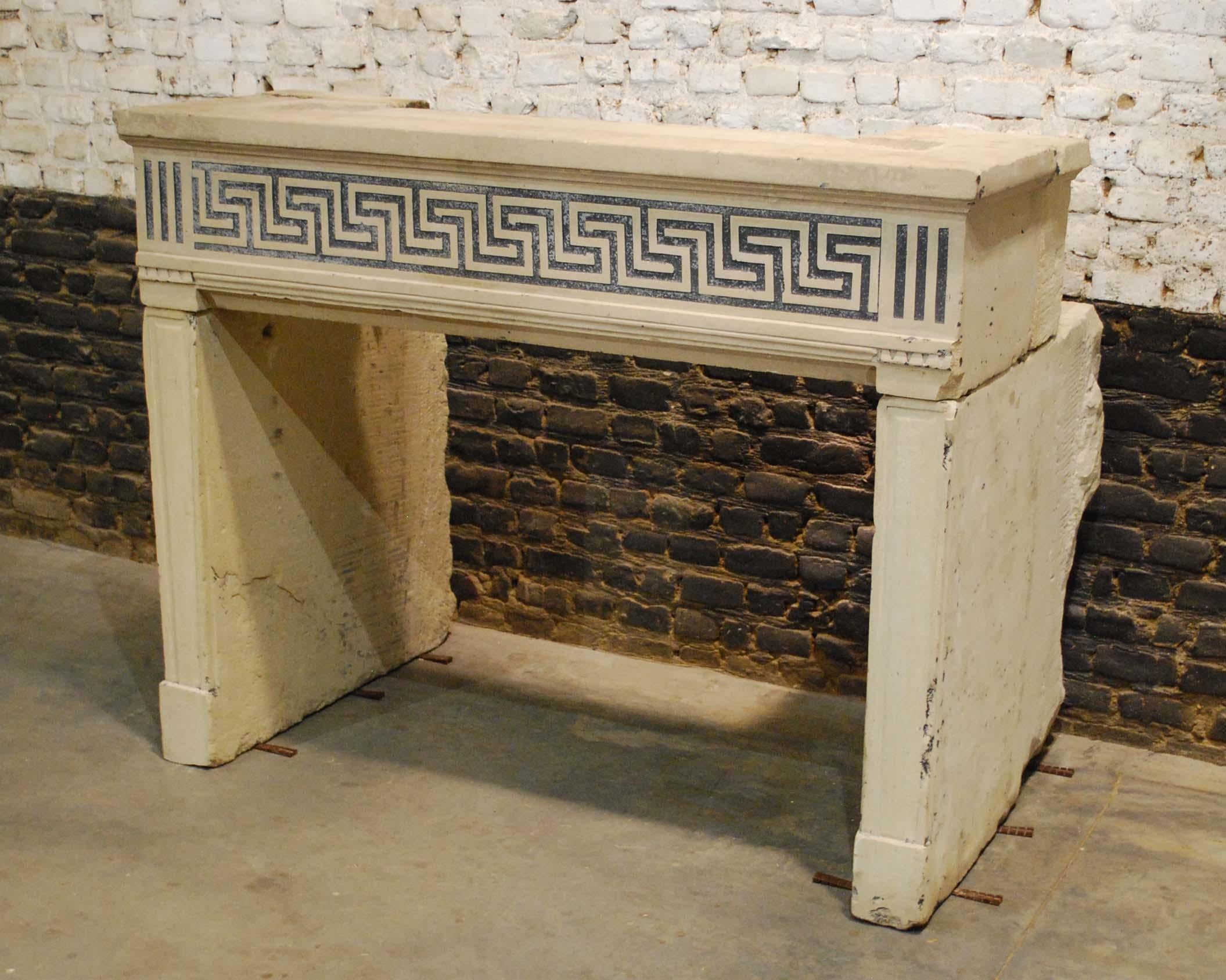 Antique French Louis XVI Limestone Fireplace with Geometric Carvings For Sale 2