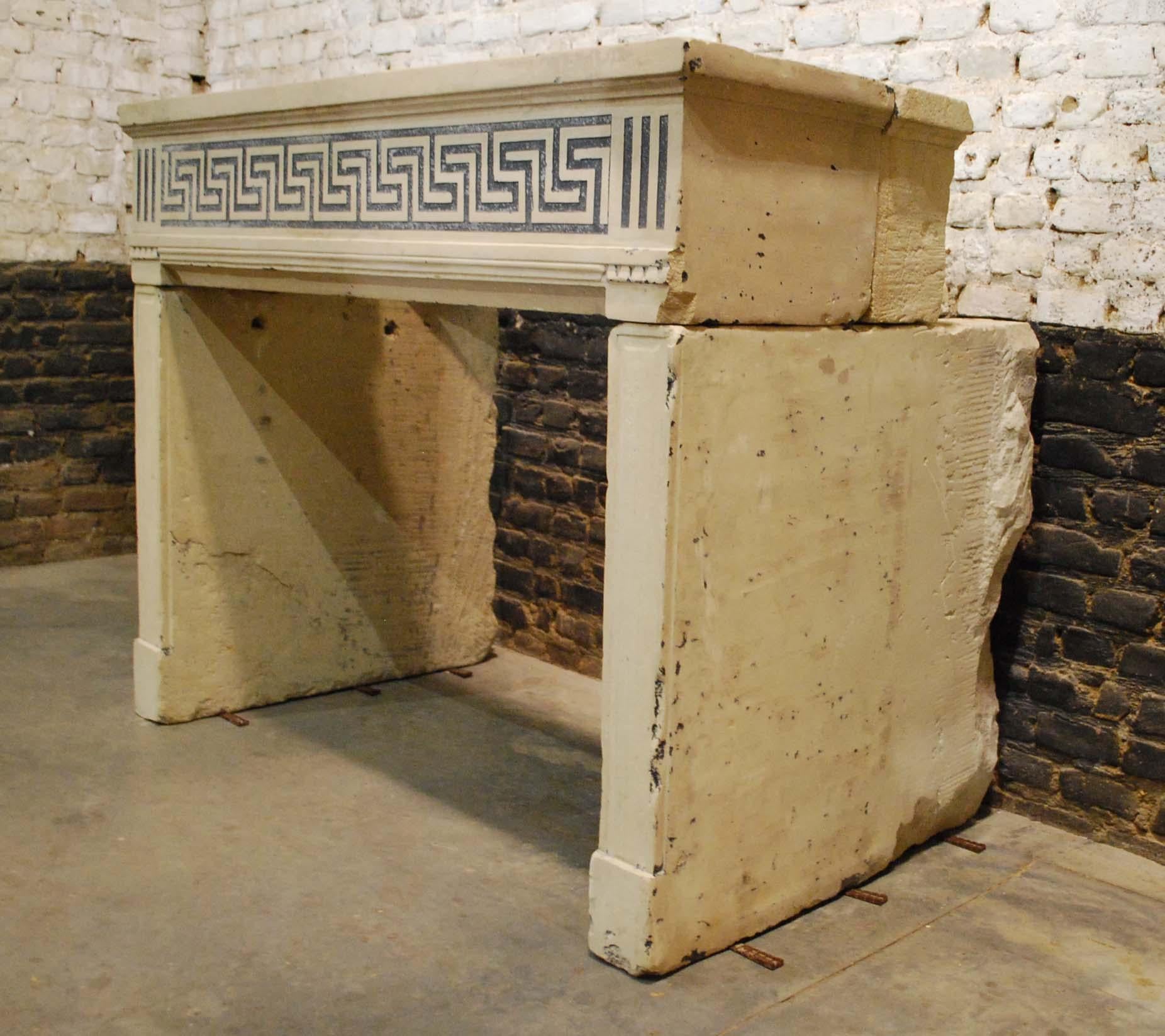 Antique French Louis XVI Limestone Fireplace with Geometric Carvings For Sale 3
