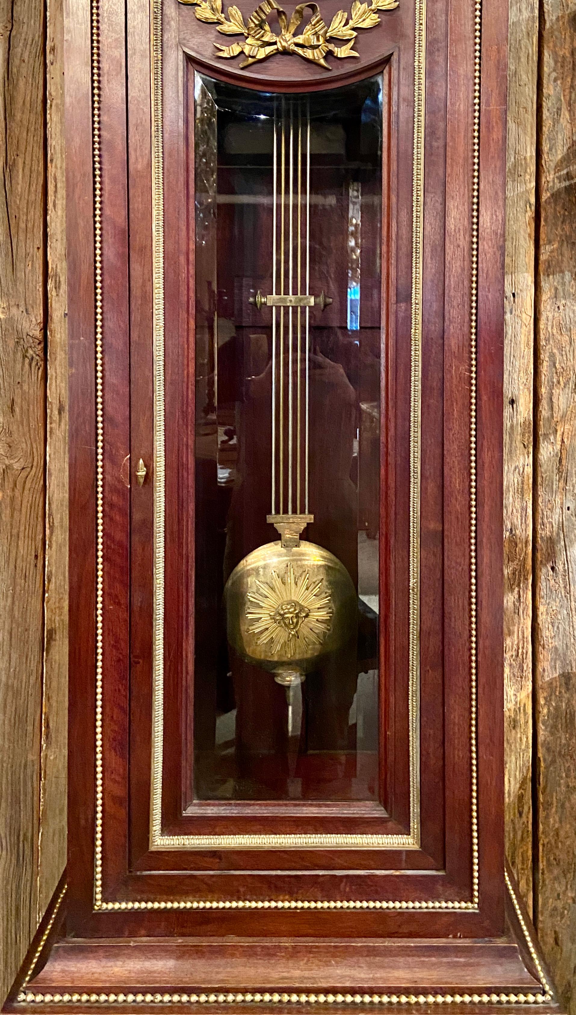 Antique French Louis XVI Mahogany and Ormolu Longcase Clock, circa 1890 In Good Condition For Sale In New Orleans, LA