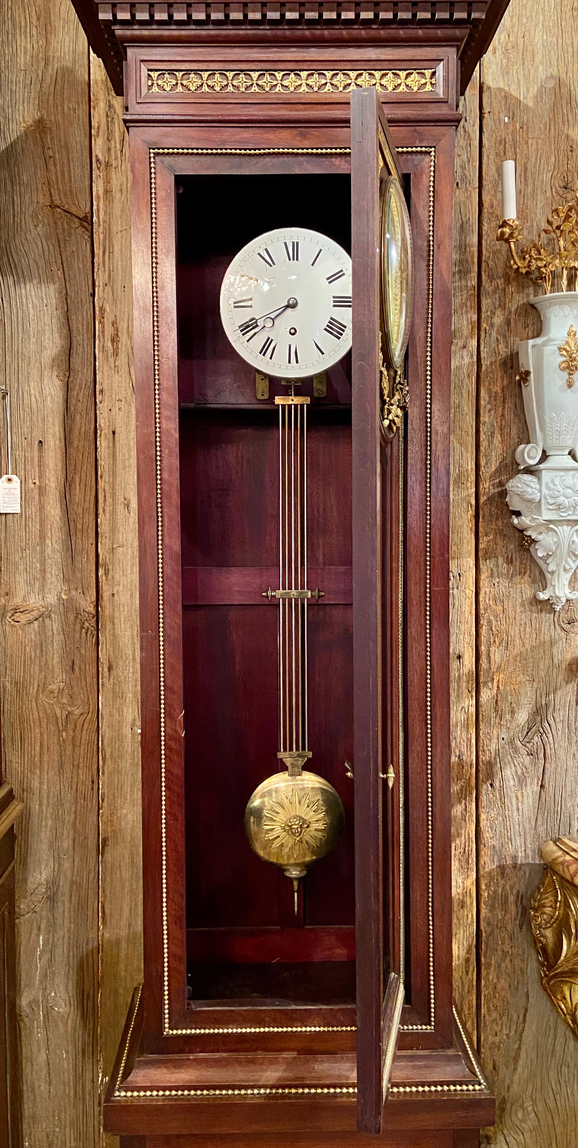 Antique French Louis XVI Mahogany and Ormolu Longcase Clock, circa 1890 For Sale 1