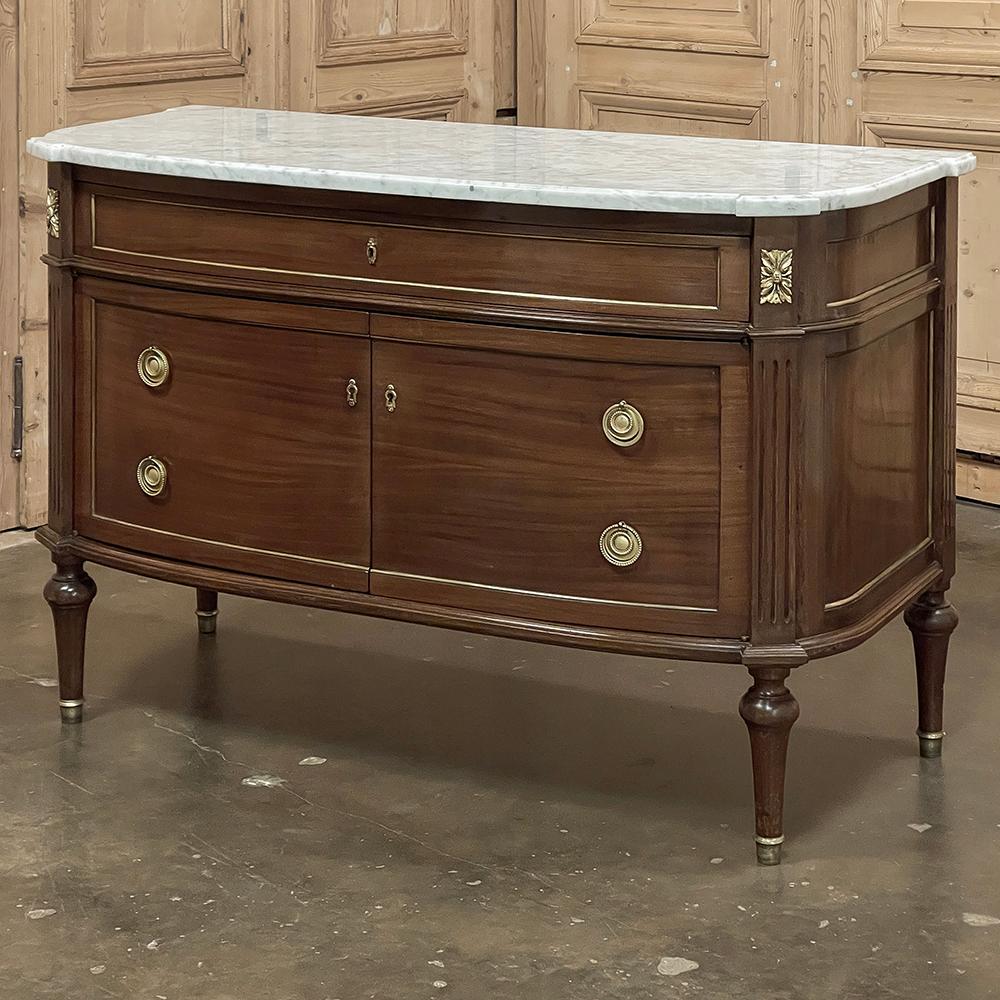 Antique French Louis XVI Mahogany Buffet ~ Commode with Carrara Marble combines the size and proportions of a chest of drawers with the functionality of a buffet, and does it with incredible flair and style!  The sheer natural beauty of the exotic
