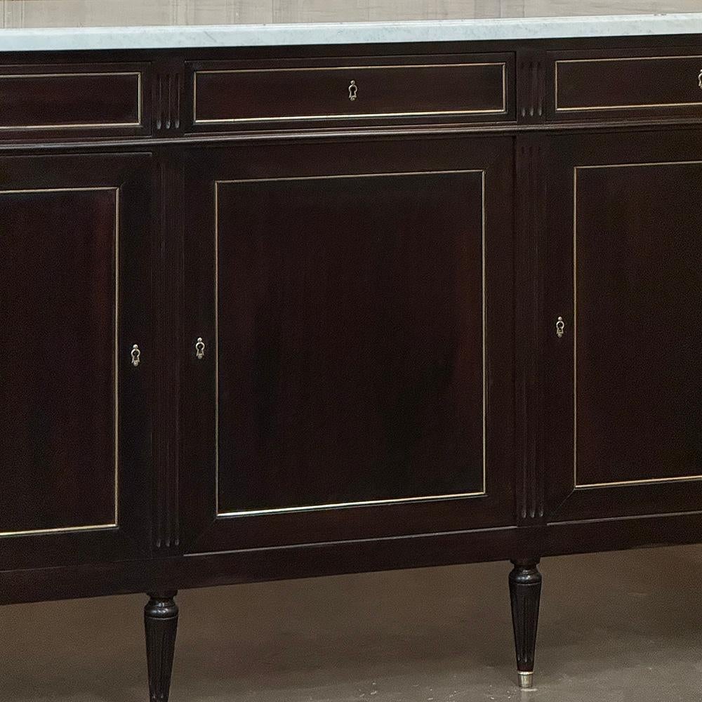 Brass Antique French Louis XVI Mahogany Buffet with Carrara Marble For Sale