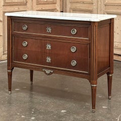 Antique French Louis XVI Mahogany Carrara Marble Top Commode