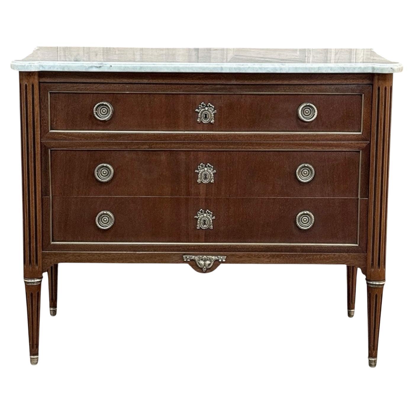Antique French Louis XVI Mahogany Carrara Marble Top Commode