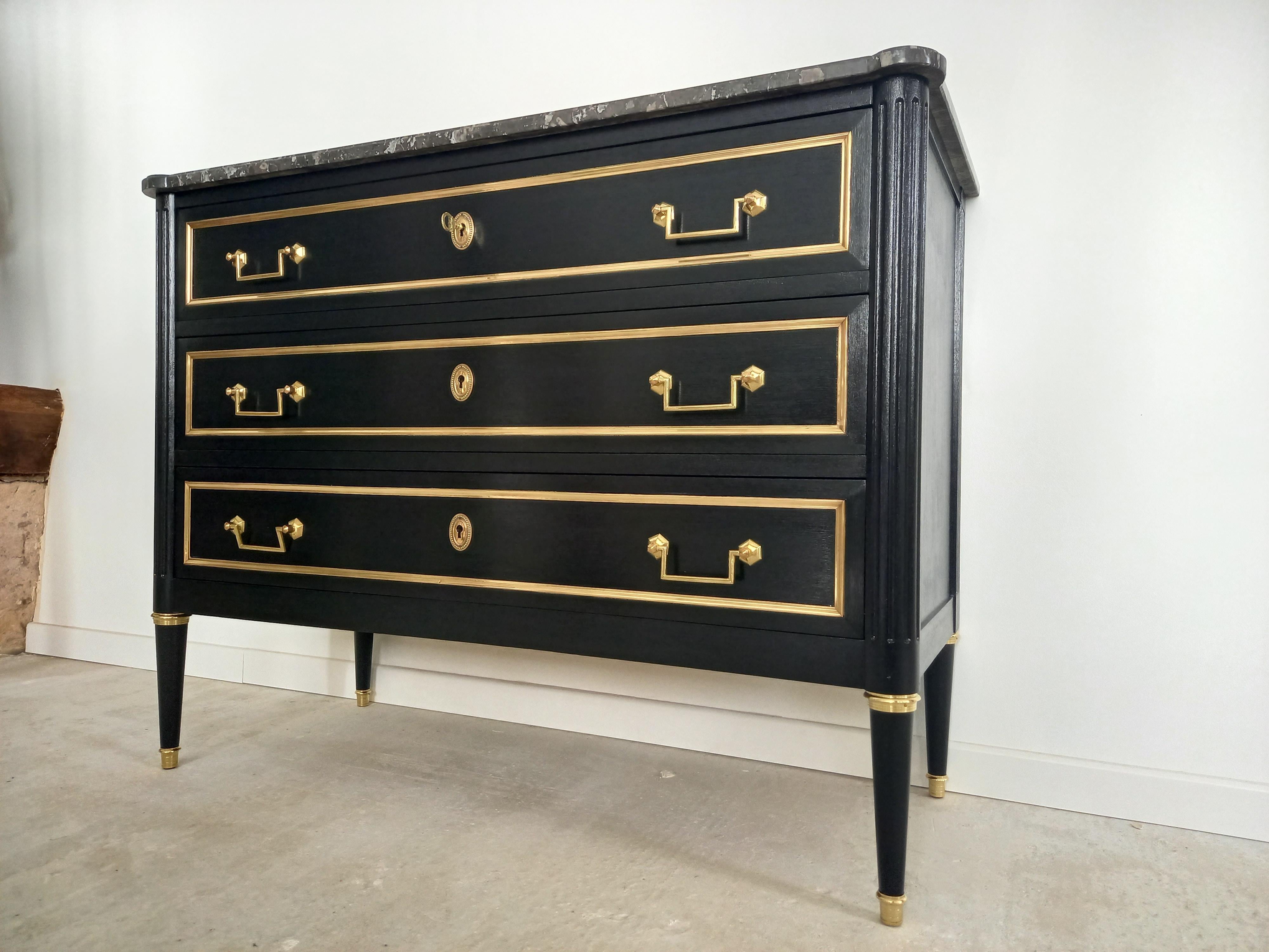 Early 20th Century Antique French Louis XVI Mahogany Chest of Drawers Commode Marble Bronze & Brass