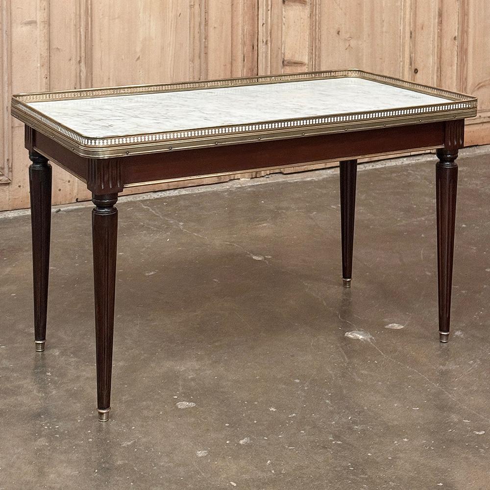 Hand-Crafted Antique French Louis XVI Mahogany Coffee Table with Carrara Marble For Sale