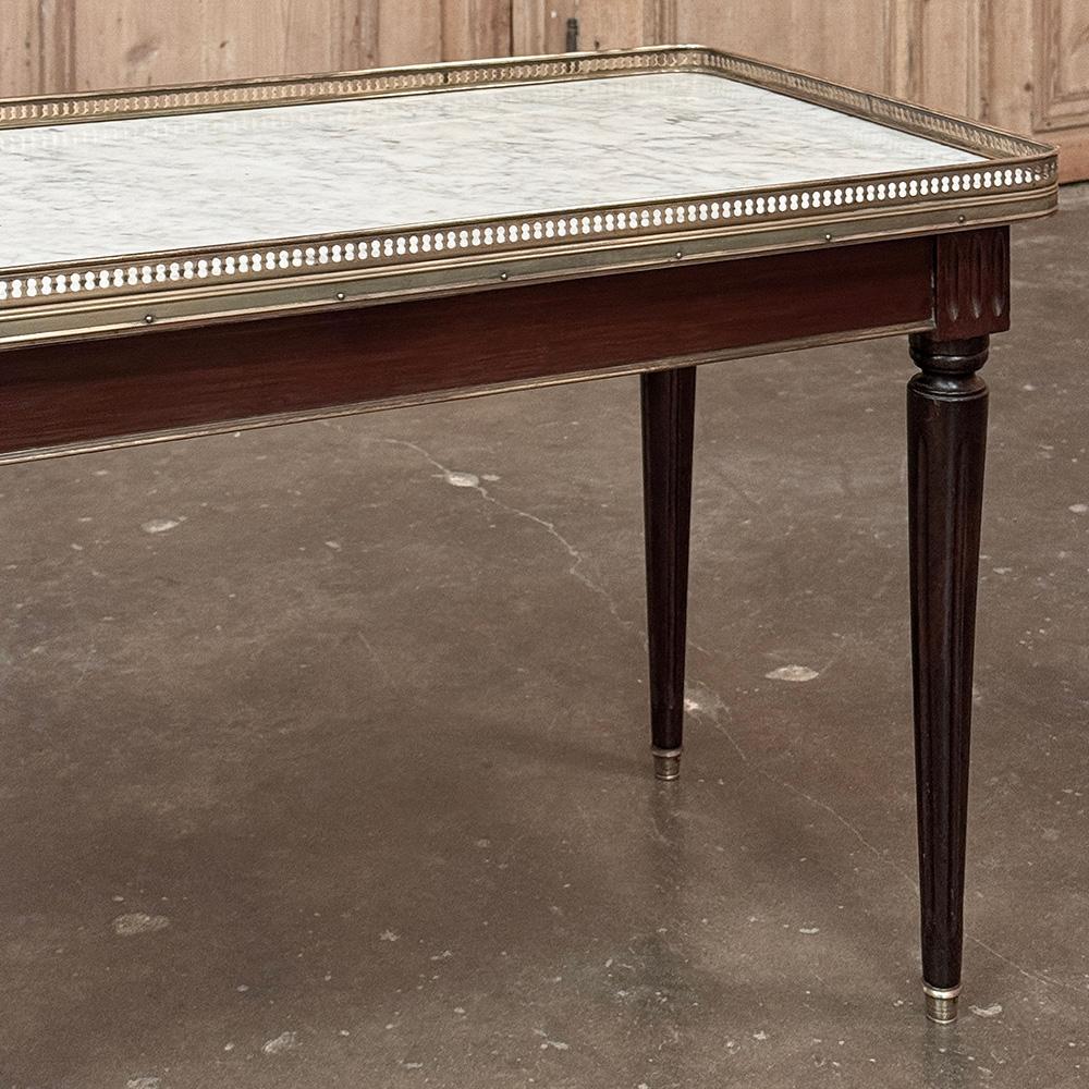 Brass Antique French Louis XVI Mahogany Coffee Table with Carrara Marble For Sale