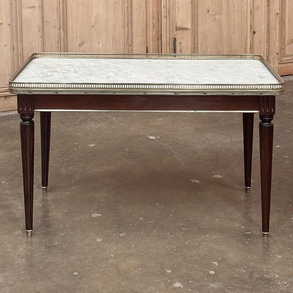 Antique French Louis XVI Mahogany Coffee Table with Carrara Marble For Sale 2