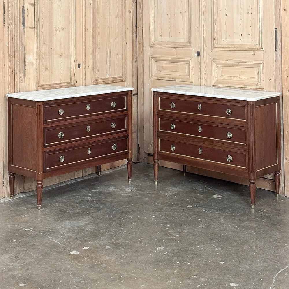 Antique French Louis XVI Mahogany Commode with Carrara Marble represents the essence of understated elegance!  Hand-crafted from exotic imported mahogany, it features tailored architecture, a nice, middle-of-the-road size, and style features that