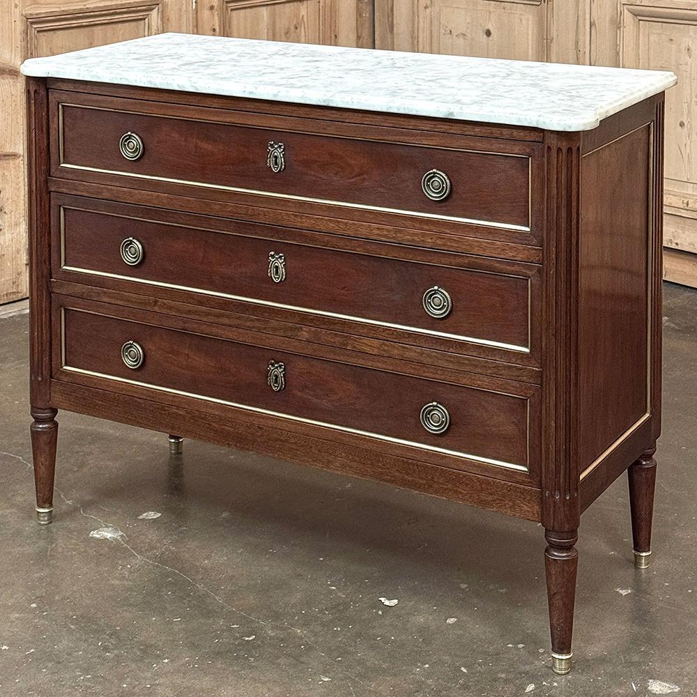 Hand-Crafted Antique French Louis XVI Mahogany Commode with Carrara Marble For Sale