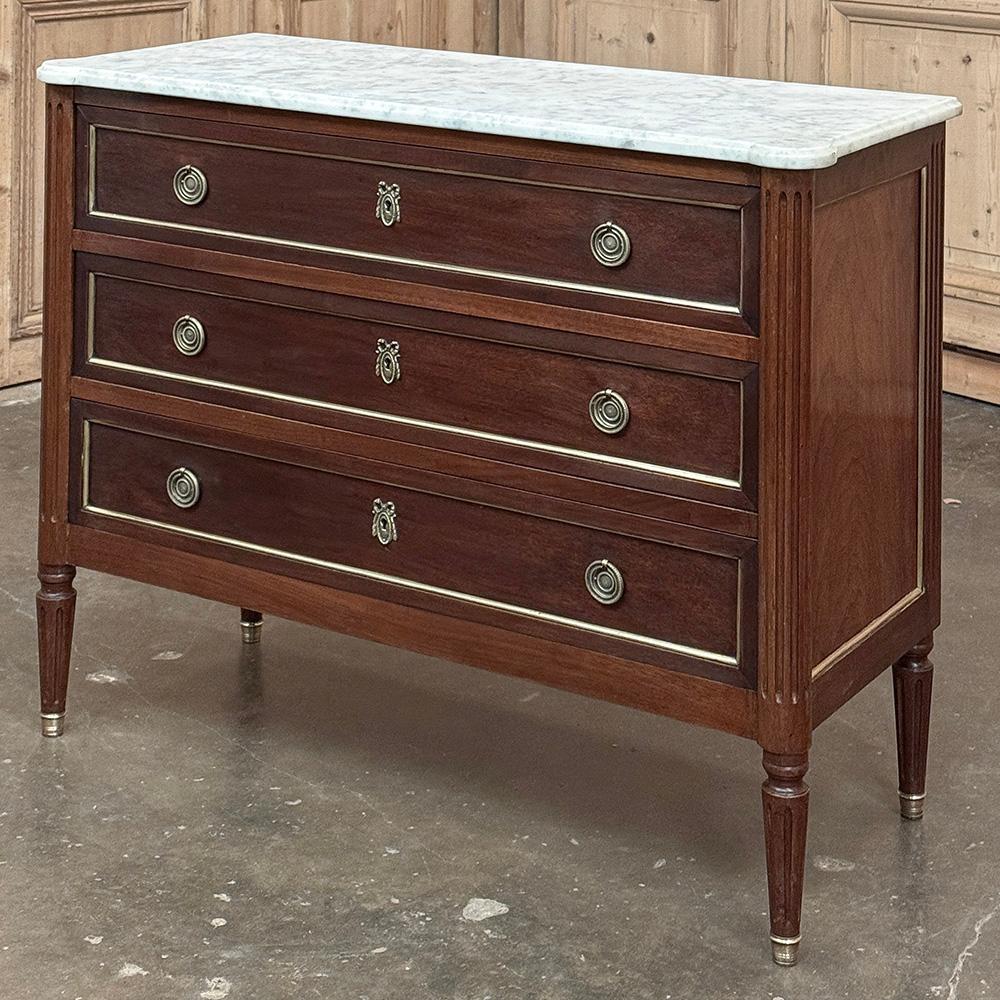 Hand-Crafted Antique French Louis XVI Mahogany Commode with Carrara Marble For Sale