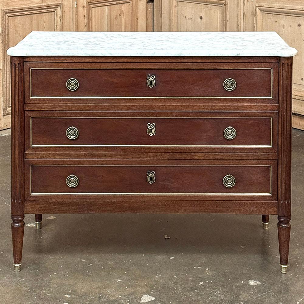 20th Century Antique French Louis XVI Mahogany Commode with Carrara Marble For Sale