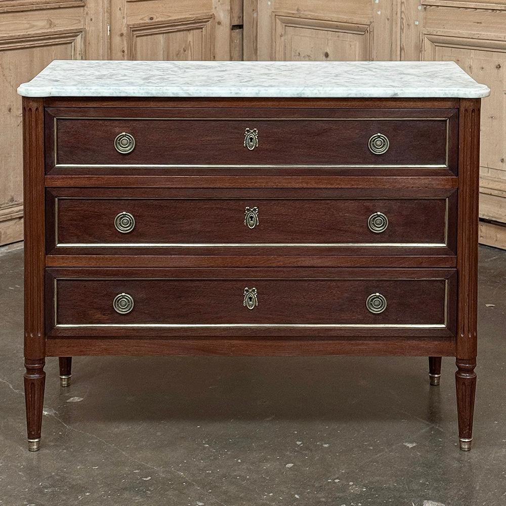 20th Century Antique French Louis XVI Mahogany Commode with Carrara Marble For Sale