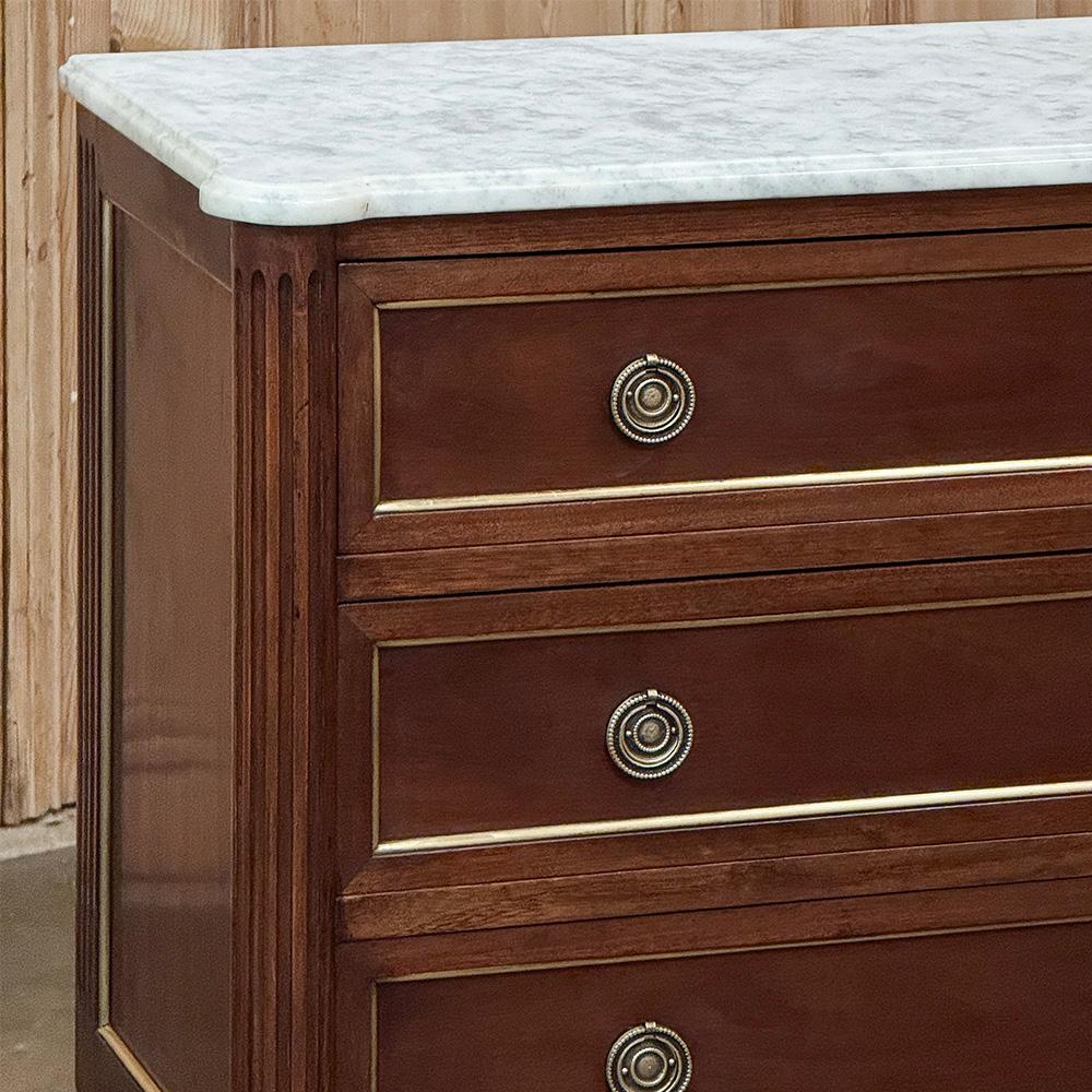 Brass Antique French Louis XVI Mahogany Commode with Carrara Marble For Sale