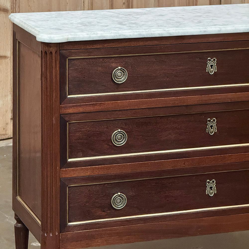 Brass Antique French Louis XVI Mahogany Commode with Carrara Marble For Sale