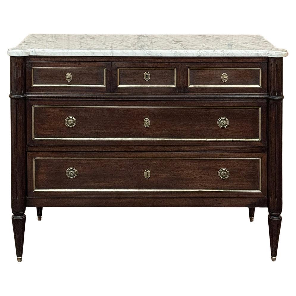 Antique French Louis XVI Mahogany Commode with Carrara Marble im Angebot