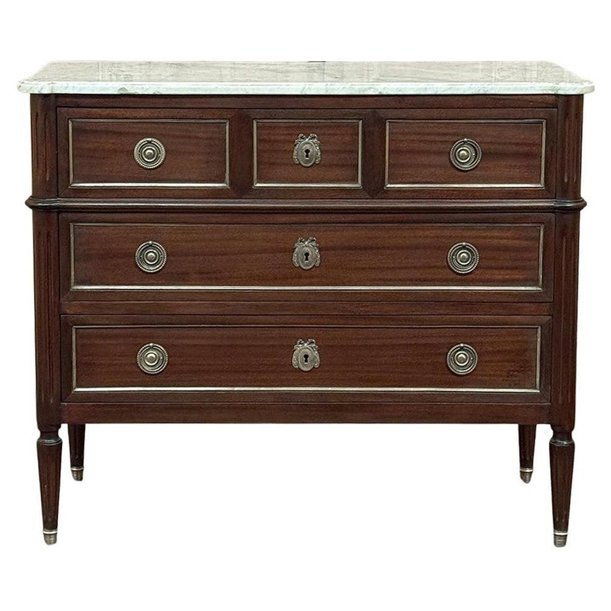Antique French Louis XVI Mahogany Commode with Carrara Marble For Sale