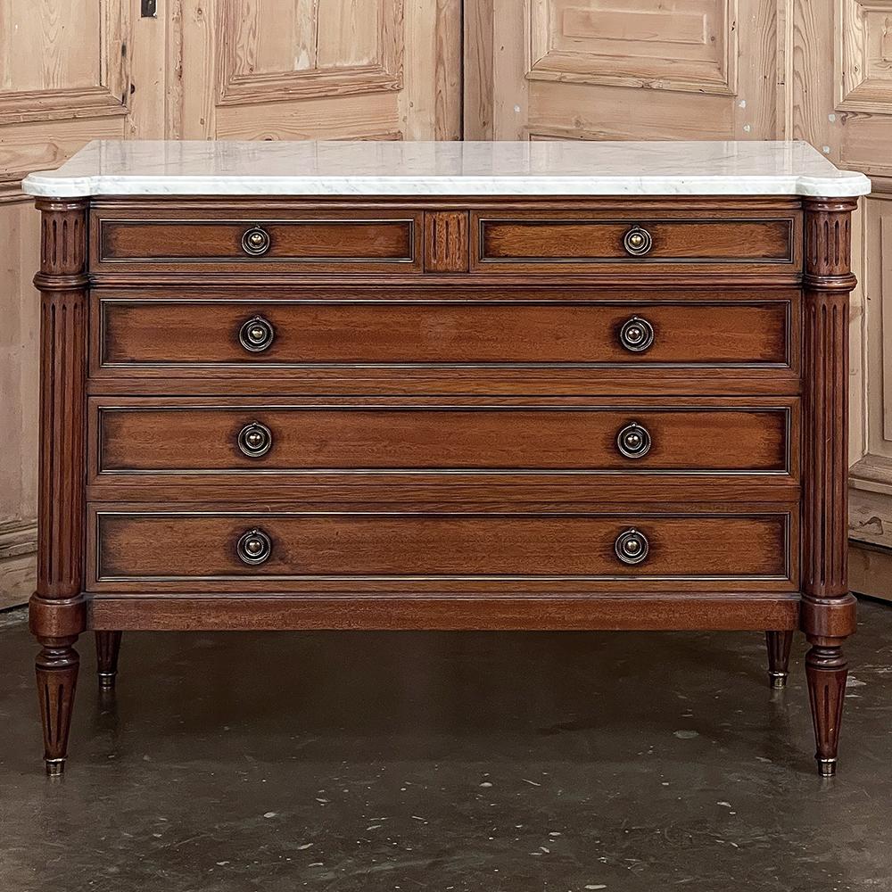 Hand-Crafted Antique French Louis XVI Mahogany Commode with Carrara Marble Top