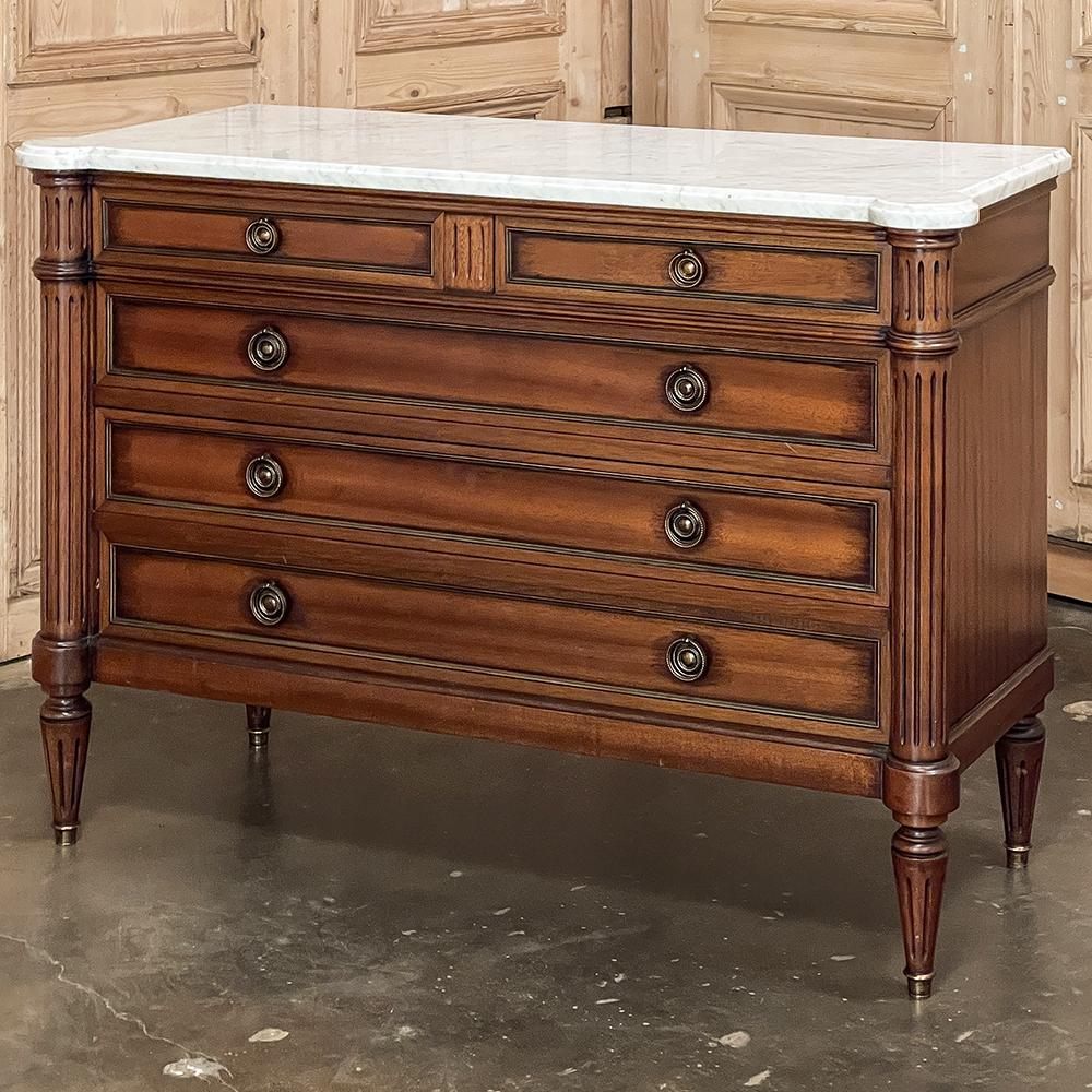 Antique French Louis XVI Mahogany Commode with Carrara Marble Top In Good Condition In Dallas, TX