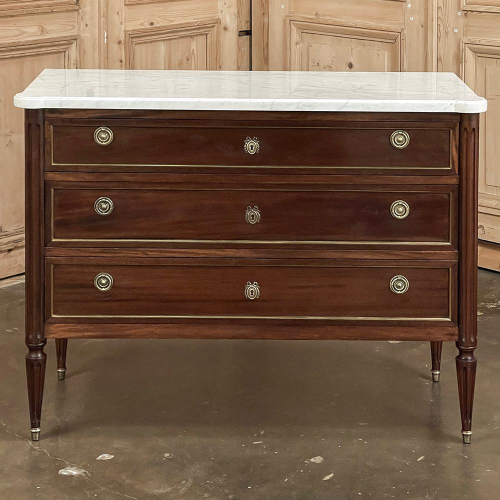 Hand-Crafted Antique French Louis XVI Mahogany Commode with Carrara Marble Top