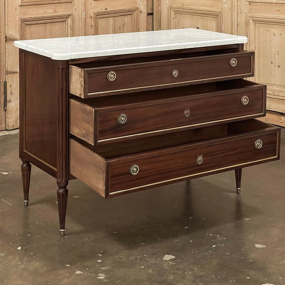 Antique French Louis XVI Mahogany Commode with Carrara Marble Top In Good Condition In Dallas, TX