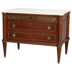 Antique French Louis XVI Mahogany Kingwood & Bronze Marble-Top Commode