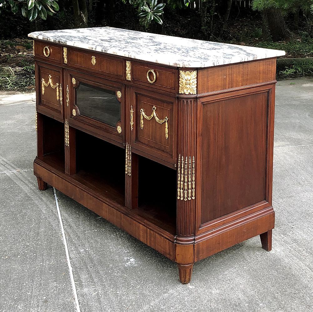20th Century Antique French Louis XVI Mahogany Marble-Top Buffet with Bronze Mounts For Sale