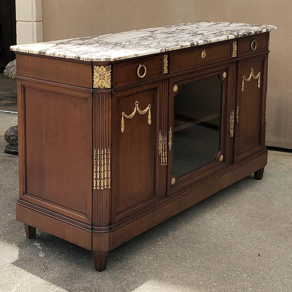 20th Century Antique French Louis XVI Mahogany Marble Top Buffet with Bronze Mounts For Sale