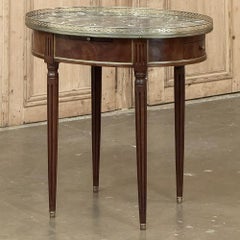 Antique French Louis XVI Mahogany Marble Top Oval Bouillotte Table